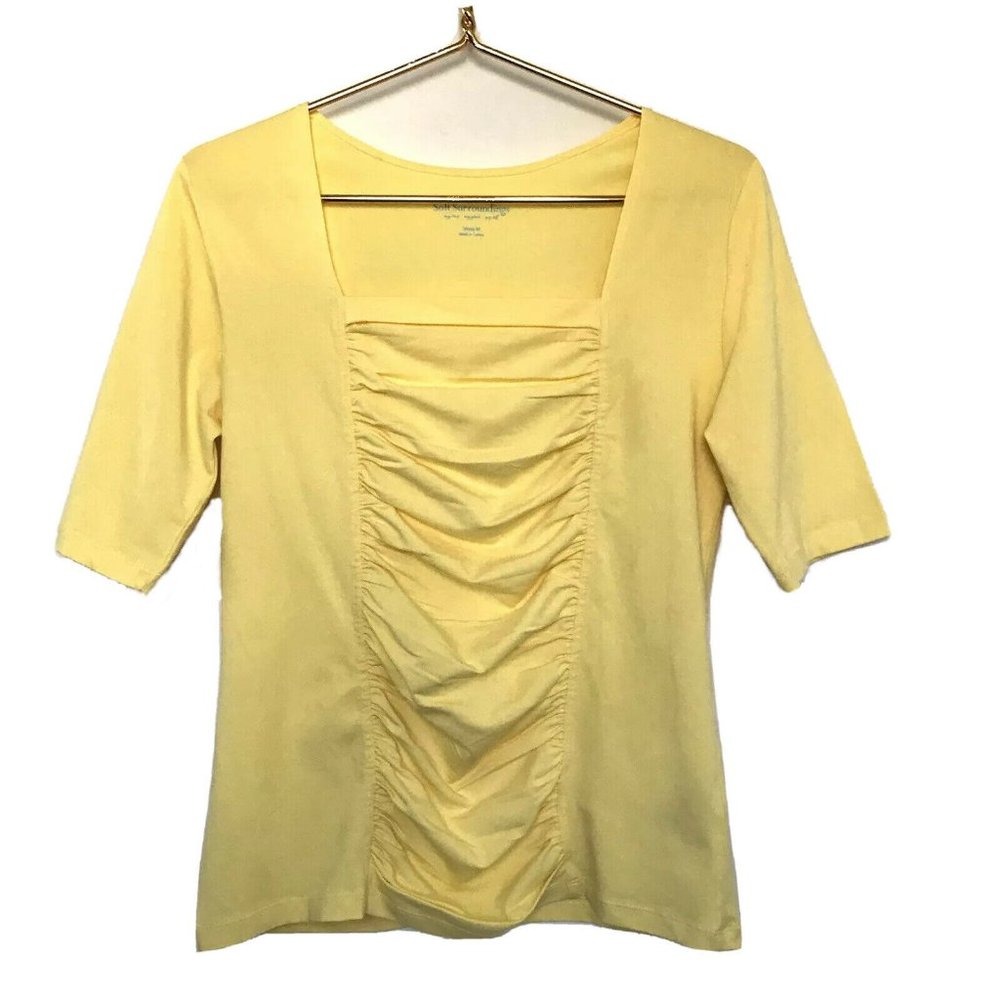 Soft Surroundings Missy T-Shirt M Yellow Square Neckline Ruche Front Tee EUC